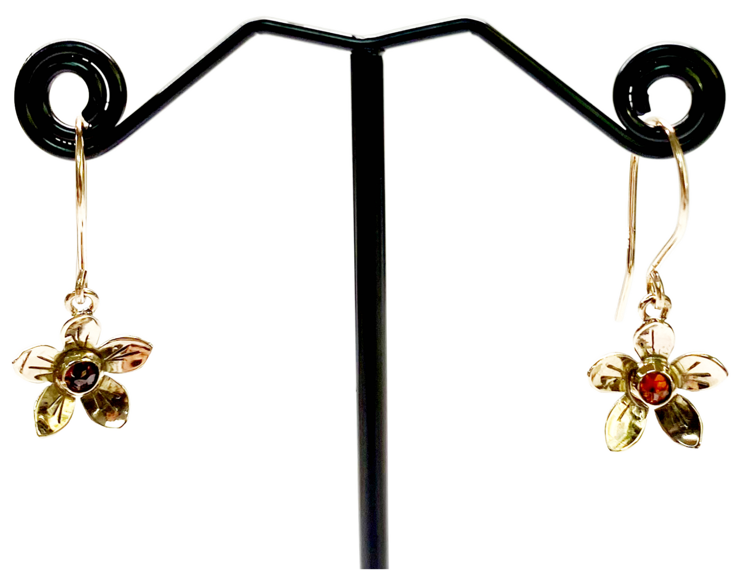 Gold Flower with Garnet Earring
