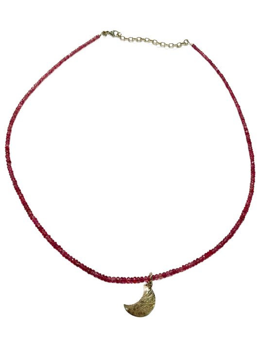 Natural Ruby Beaded Necklace with Sterling Silver Moon.
