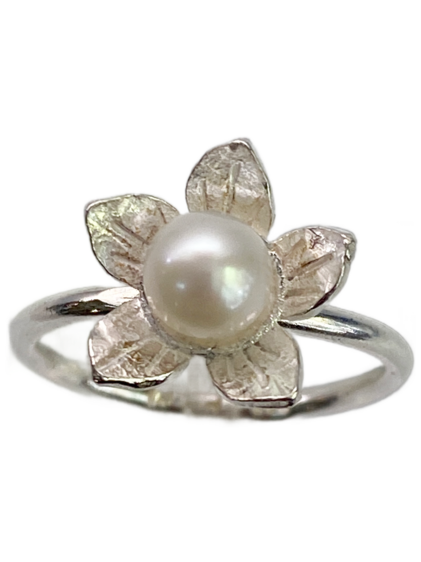 White Pearl Flower Silver Ring